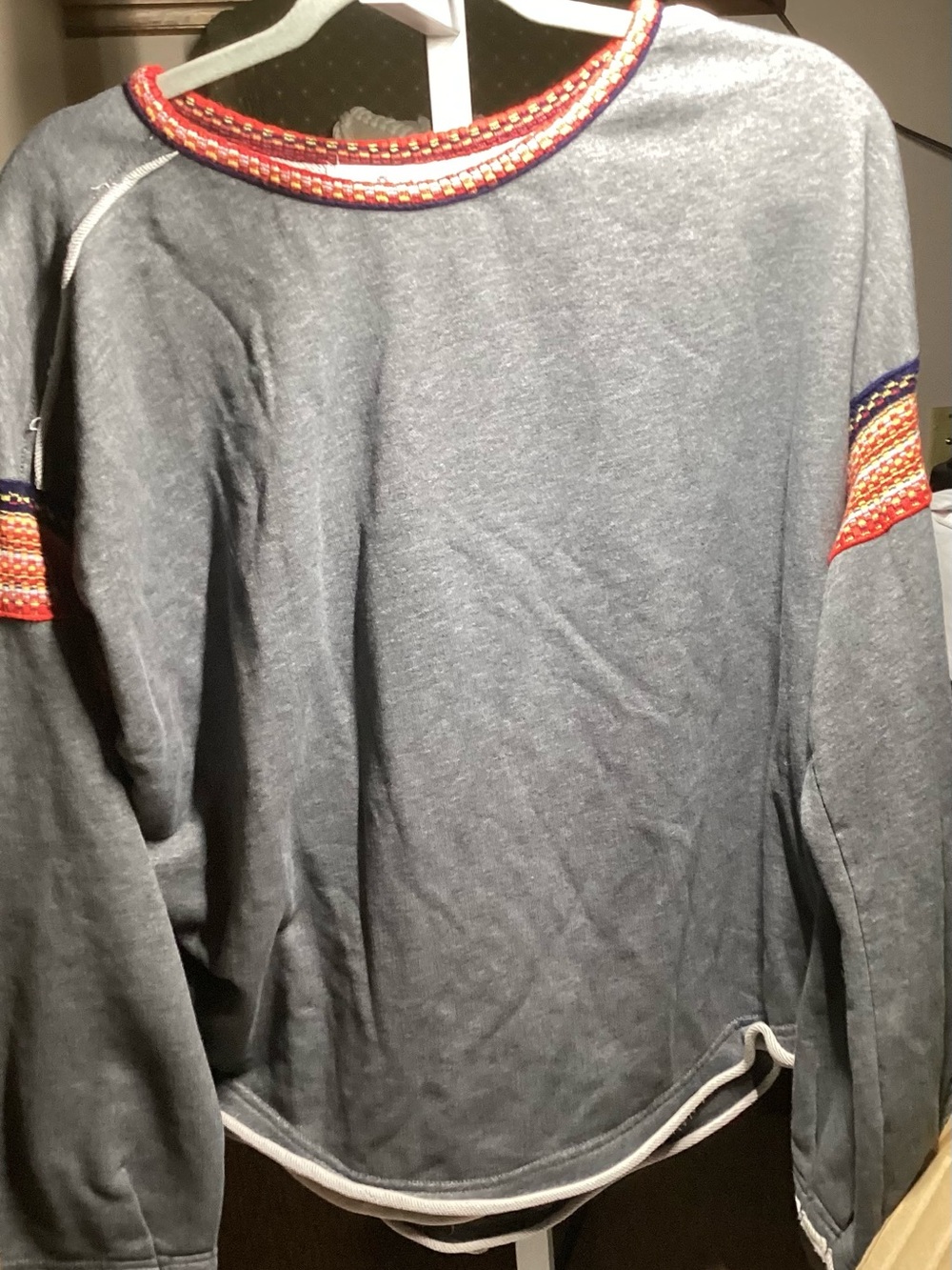 NATURAL LIFE Gray Sweatshirt with Red & Navy Embroidered Trim - Picture 2 of 3